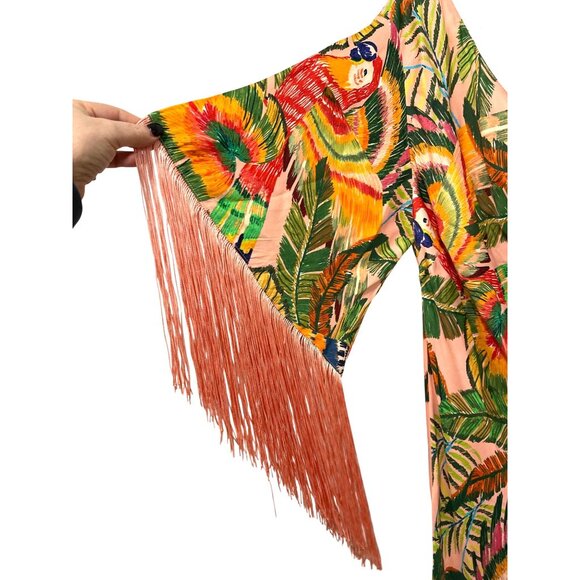 Farm Rio Womens One-Shoulder Fringe Midi Dress Tropical Parrot Medium NWT - Picture 5 of 9